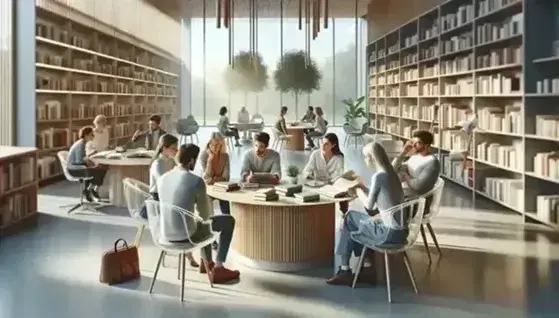 Gruppo di persone interagisce in biblioteca moderna con tavolo rotondo, libri, tablet e pianta verde, in ambiente luminoso e colorato.