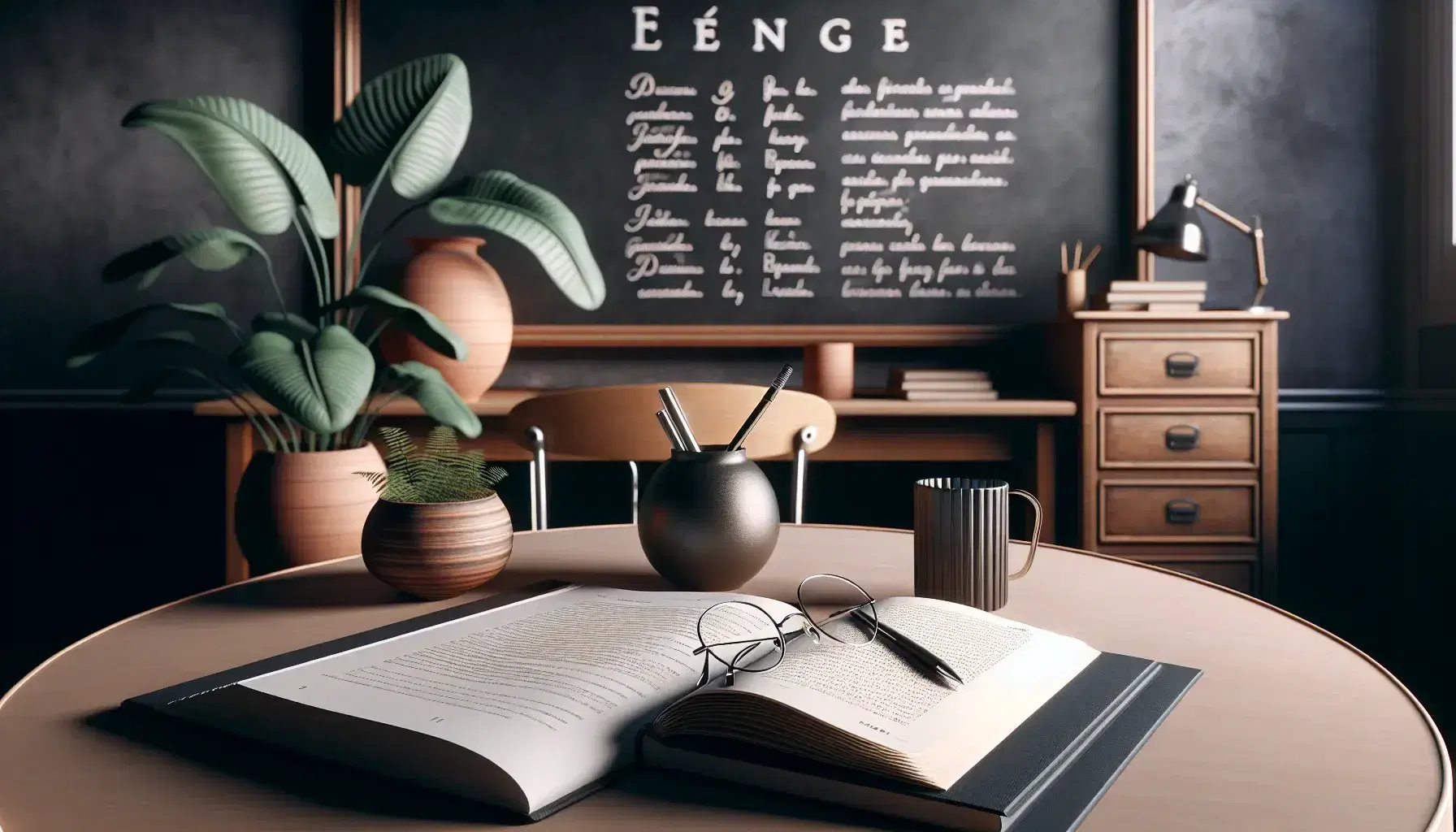 French language study setup with textbook, notebook, pen, and glasses on a wooden table, beside a clean chalkboard, teacher's desk, and potted plant.
