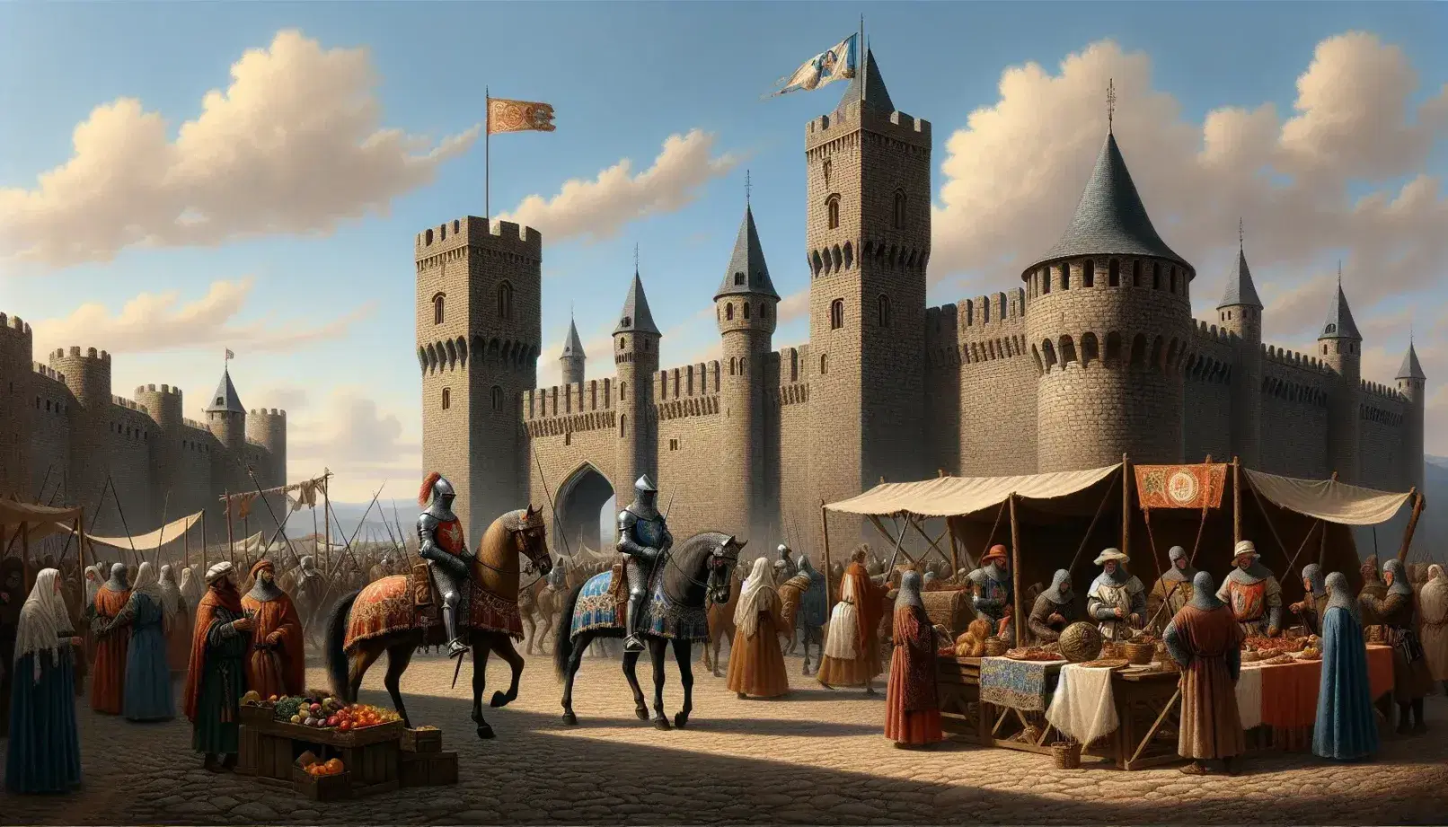 Escena medieval con fortaleza de piedra y torres, caballeros armados a caballo y mercado con puestos y gente en vestimentas de época.