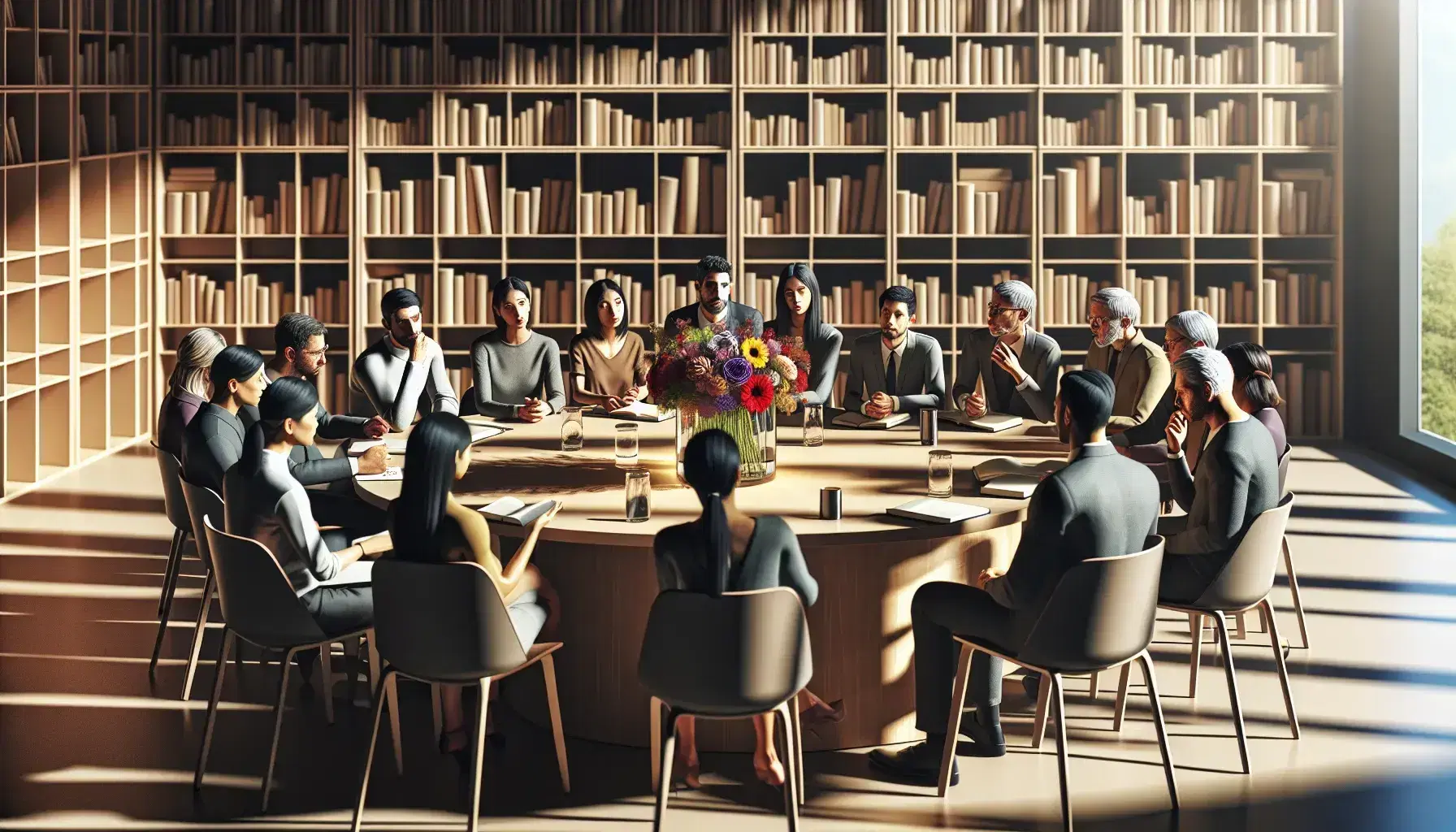 Multi-ethnic group of people meeting around a round table with flowers in the center, in a room with a blurry bookcase.