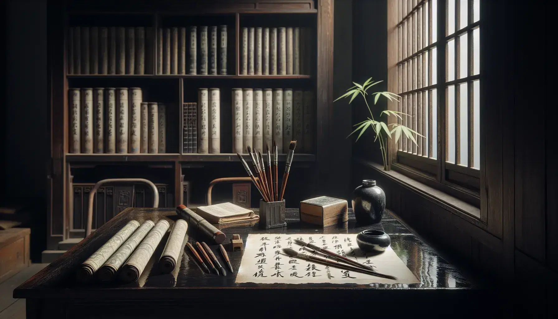 Studio tradizionale cinese con pennelli da calligrafia su tavolo in legno, inchiostro nero, carta di riso sgualcita e libreria con volumi in seta.