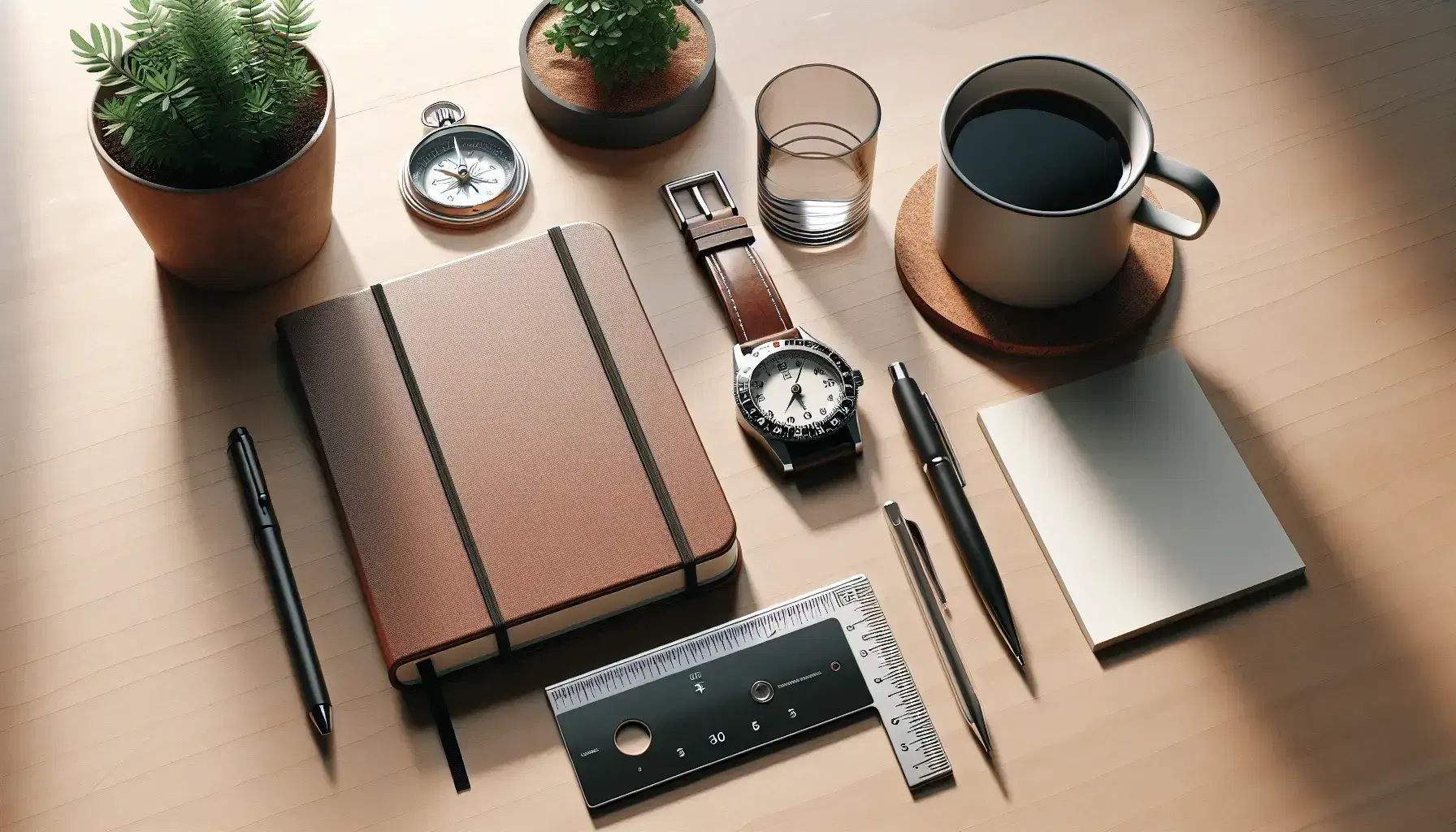 Mesa de madera con cuaderno de tapa dura, bolígrafo negro, regla transparente, compás metálico, reloj de pulsera, planta en maceta y taza de café sobre posavasos de corcho.