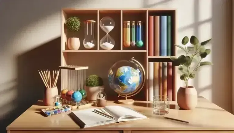 Estantería de madera con objetos decorativos como un globo terráqueo, un reloj de arena, plantas y libros de colores junto a un escritorio con cuaderno abierto y lápiz.
