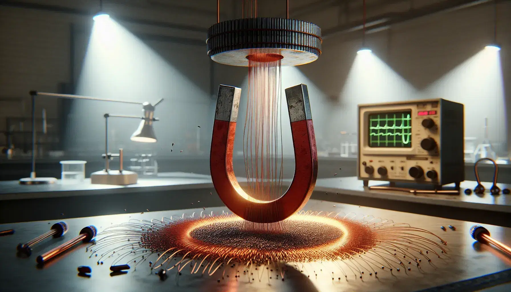 Laboratory bench with a red horseshoe magnet and iron filings demonstrating magnetic field lines, beside a shiny copper wire coil and a blurred oscilloscope.