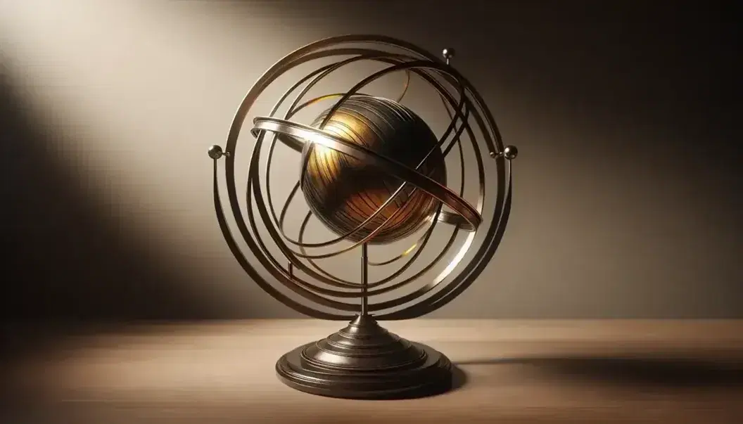 Esfera armilar metálica con anillos dorados representando círculos celestes y esfera central terrestre, sobre base de madera oscura.