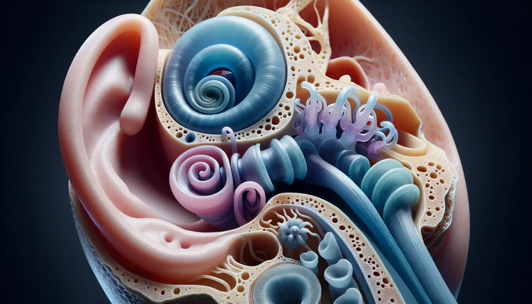Detailed anatomical model of the human inner ear with blue semicircular canals, pink cochlea and white vestibular nerve.