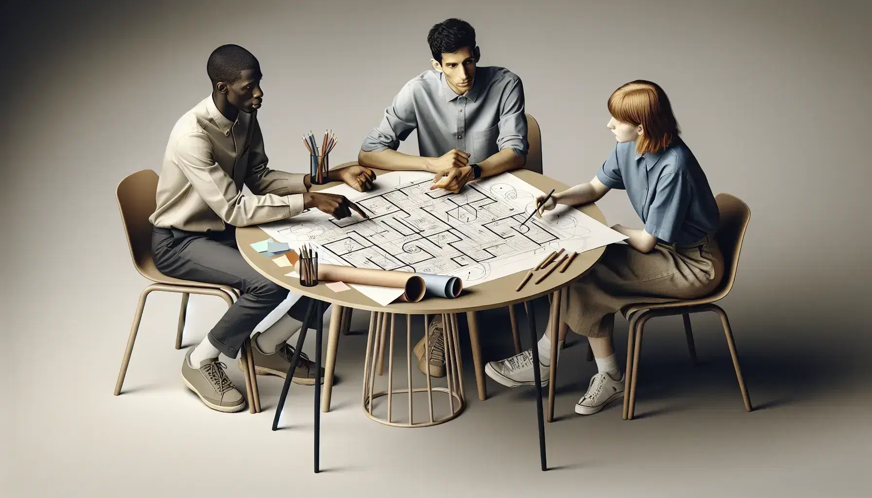 Grupo diverso de tres personas discutiendo un plan en una mesa redonda con papel de esquemas, lápices de colores y regla, en un entorno de trabajo iluminado suavemente.