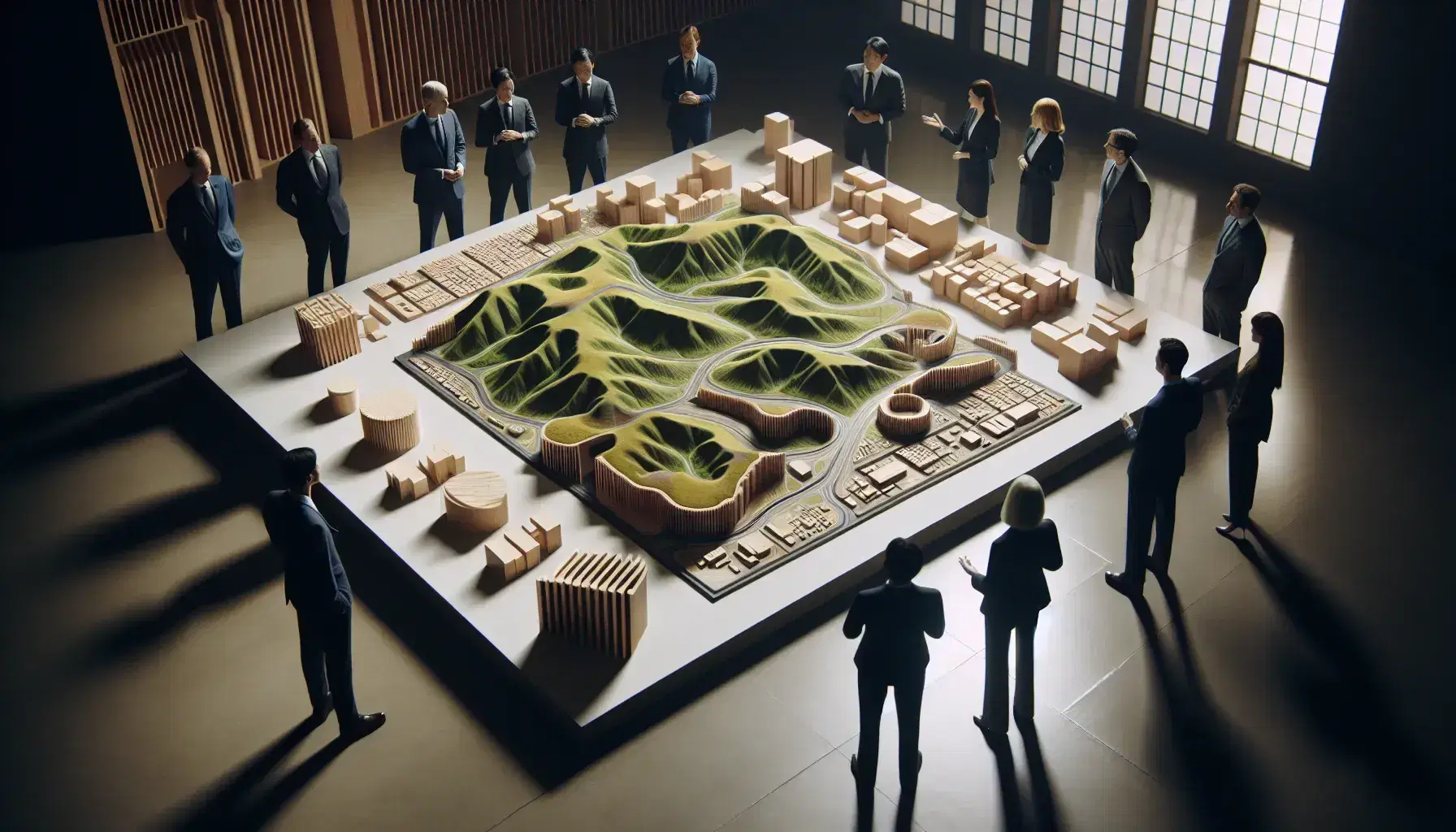 Grupo de profesionales discutiendo un proyecto de urbanismo sobre un modelo topográfico con maquetas de edificios en una sala de reuniones iluminada.