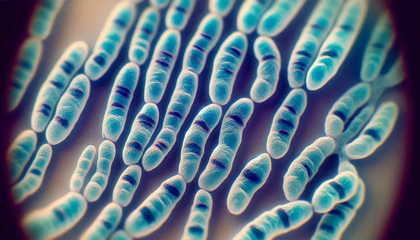 Cromosomas en metafase teñidos y alineados bajo microscopio, mostrando centrómeros y cromátidas hermanas en tonos azul-púrpura.