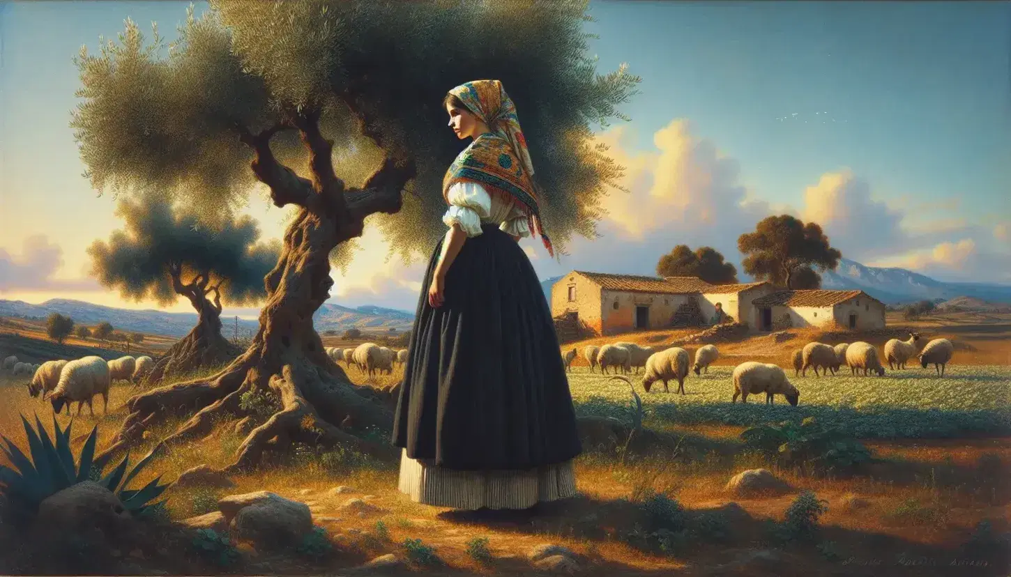 Donna in abiti tradizionali siciliani del XIX secolo contempla paesaggio rurale con olivo, case e gregge di pecore sotto cielo azzurro.