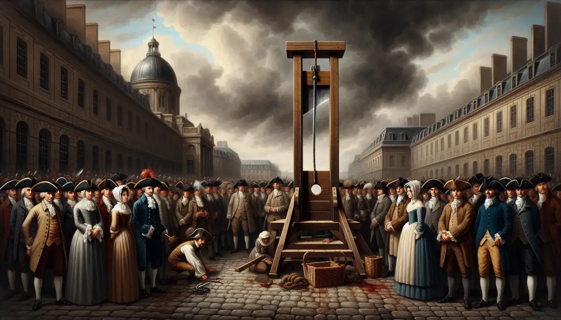 Scena della Rivoluzione Francese con ghigliottina centrale, cesto sottostante, folla in abiti d'epoca e ufficiali discutenti sotto cielo nuvoloso.