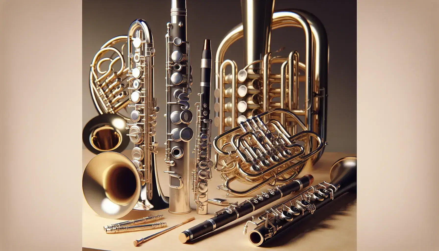 Strumenti a fiato assortiti su sfondo neutro: flauto, clarinetto, tromba, corno francese parzialmente visibile e oboe in primo piano con sax di sfondo.