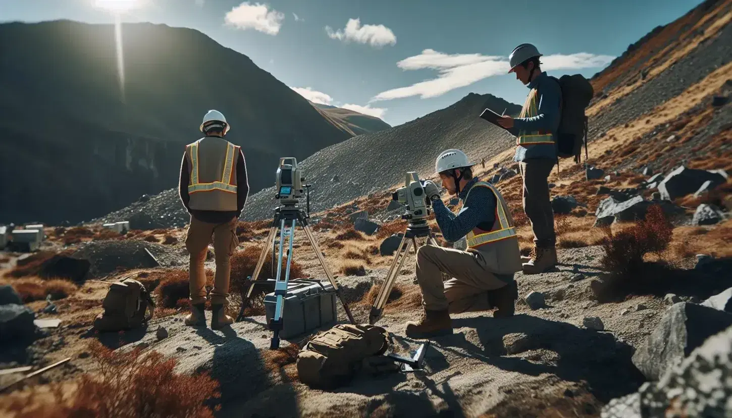 Equipo de tres ingenieros con cascos y chalecos reflectantes trabajando en terreno rocoso con montaña al fondo, usando teodolito y GPS bajo cielo azul.