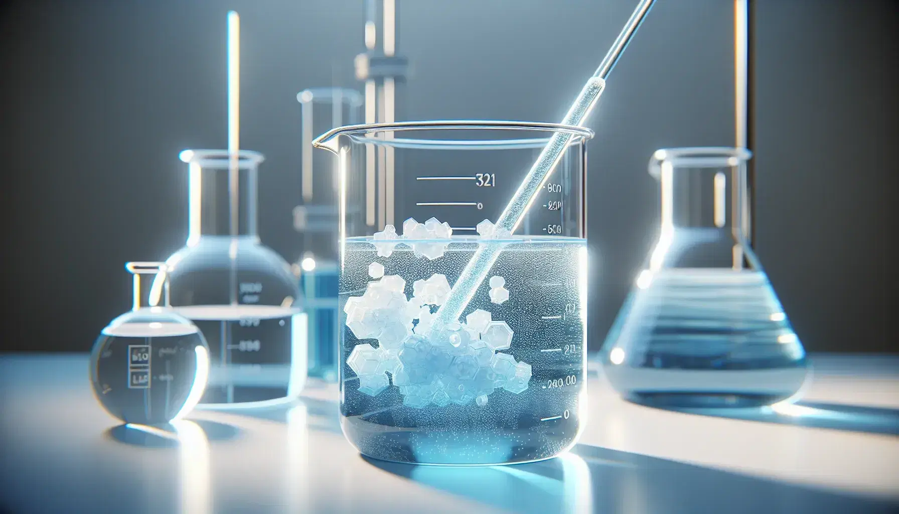 Glass beakers with clear blue liquid and white crystals on the bottom in a laboratory with other glass containers blurred in the background.