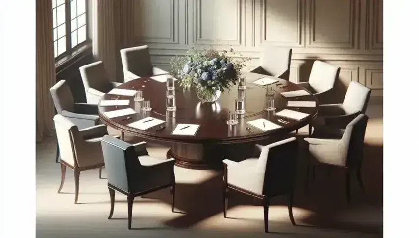 Polished dark wood round table with gray armchairs, glass vase with blue and purple flowers, water pitchers, white papers, and pens in a bright room.