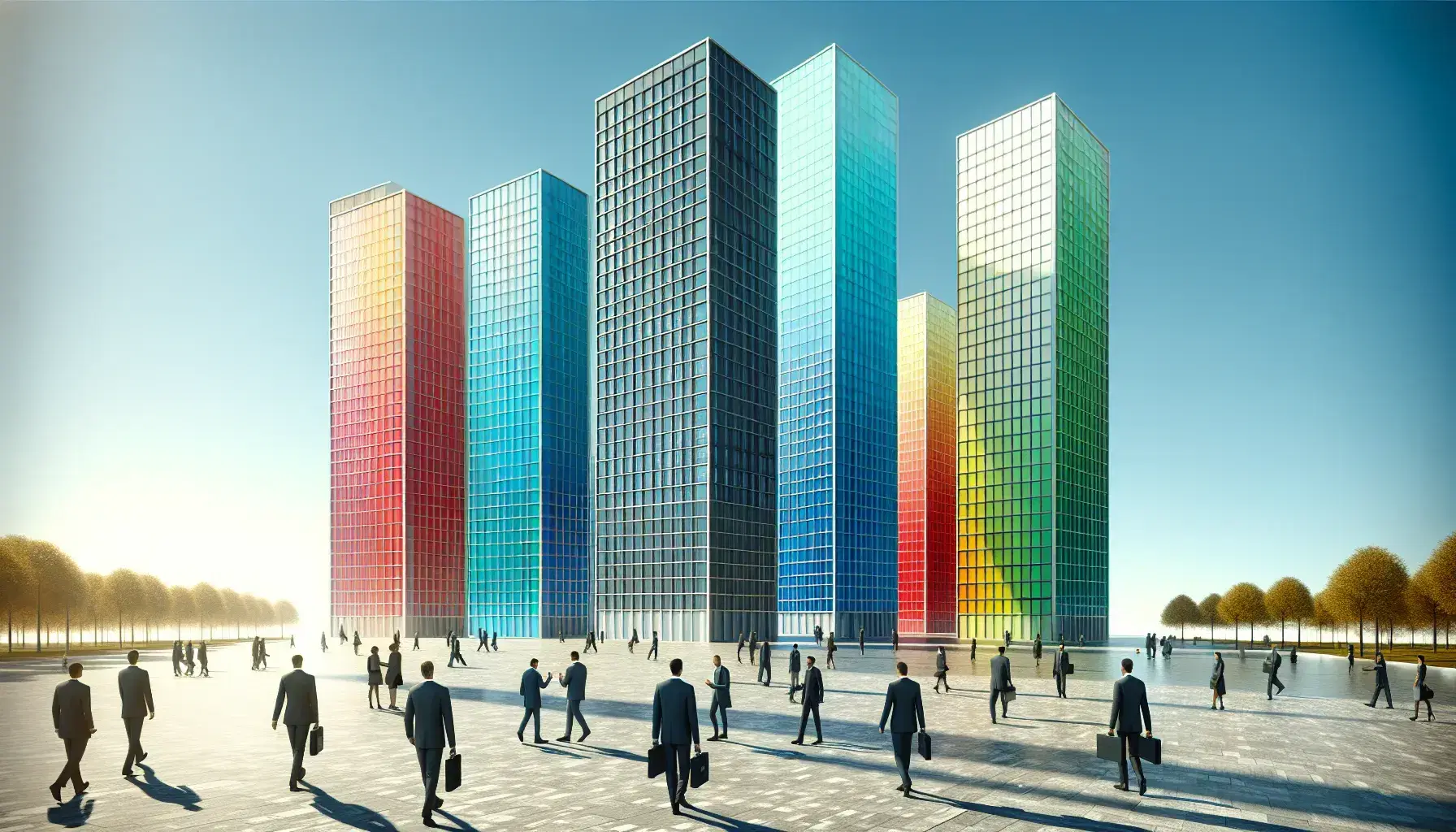 Cuatro rascacielos modernos de colores azul, verde, rojo y amarillo bajo un cielo despejado con personas de negocios caminando en una plaza adoquinada.