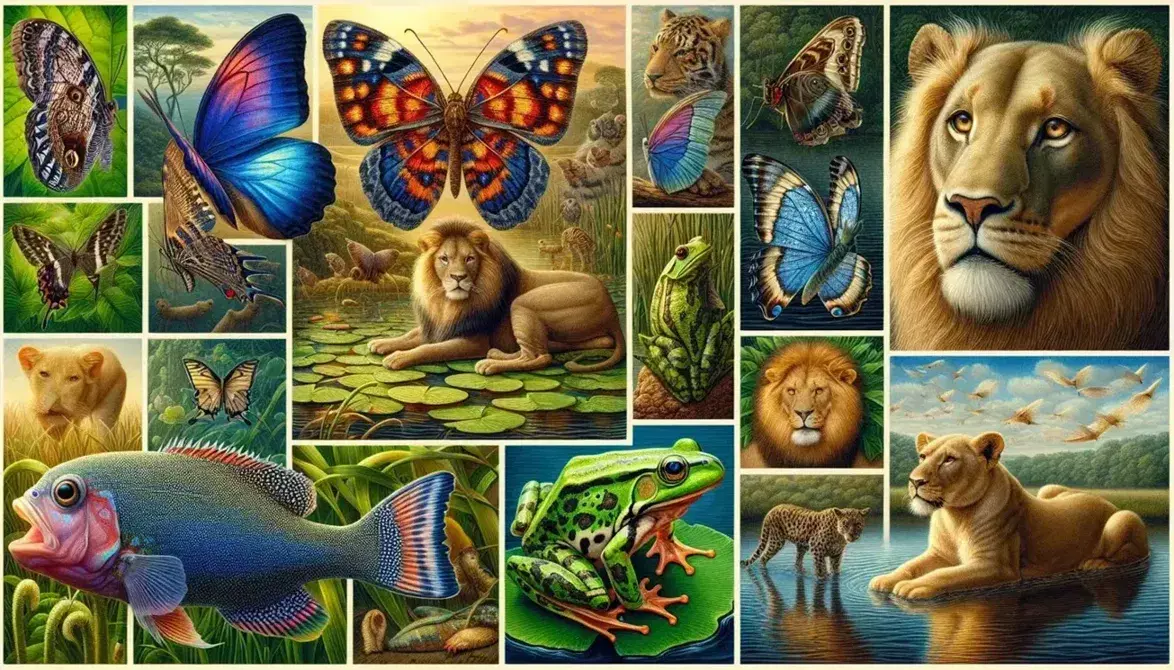 Collage di animali in habitat naturali con farfalla colorata, rana verde su ninfea, leone nella savana, pesce tropicale in acquario e uccello in volo.