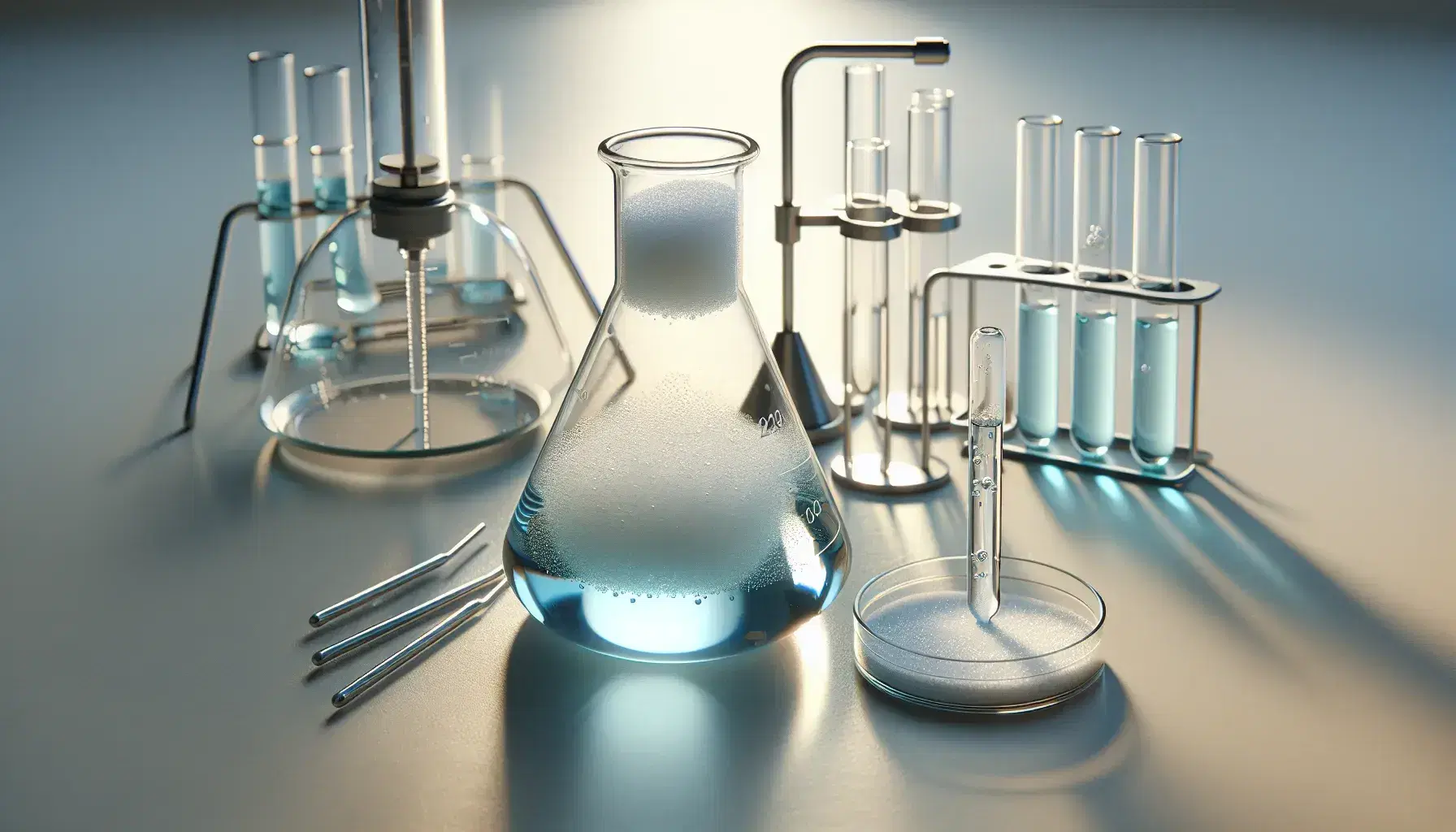 Conjunto de recipientes de laboratorio con sustancias, incluyendo un matraz Erlenmeyer con líquido azul, un tubo de ensayo con sólido blanco y una placa de Petri con gel transparente, tras un mechero Bunsen encendido.