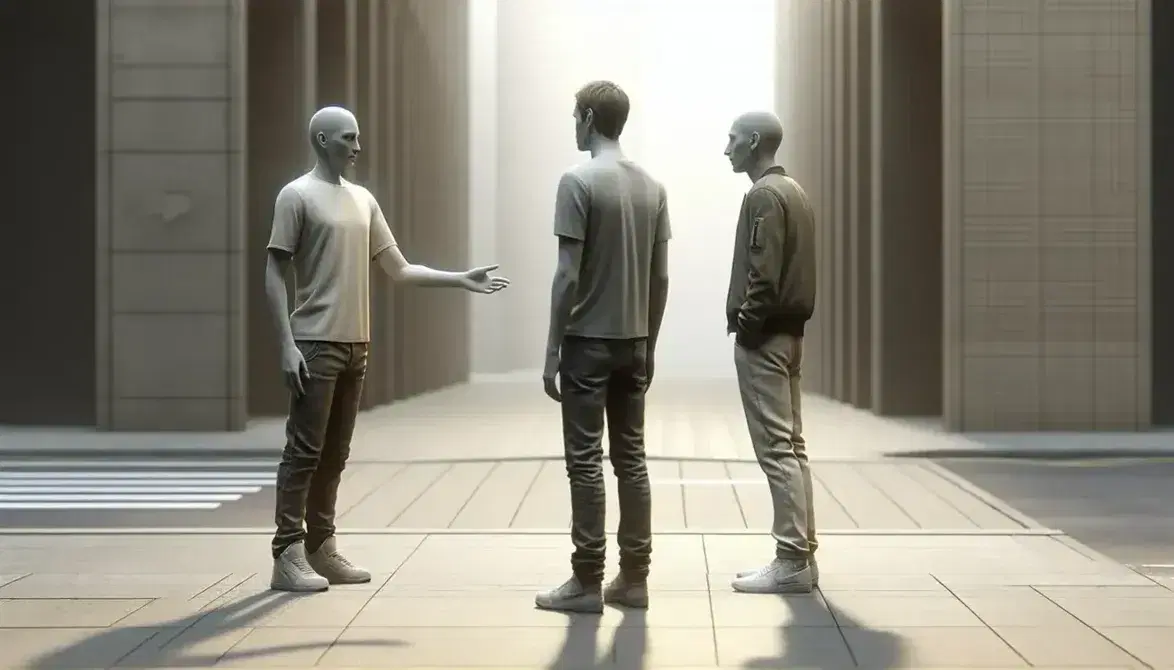 Tres personas de pie en entorno urbano, una entregando objeto a otra mientras la tercera observa con brazos cruzados.