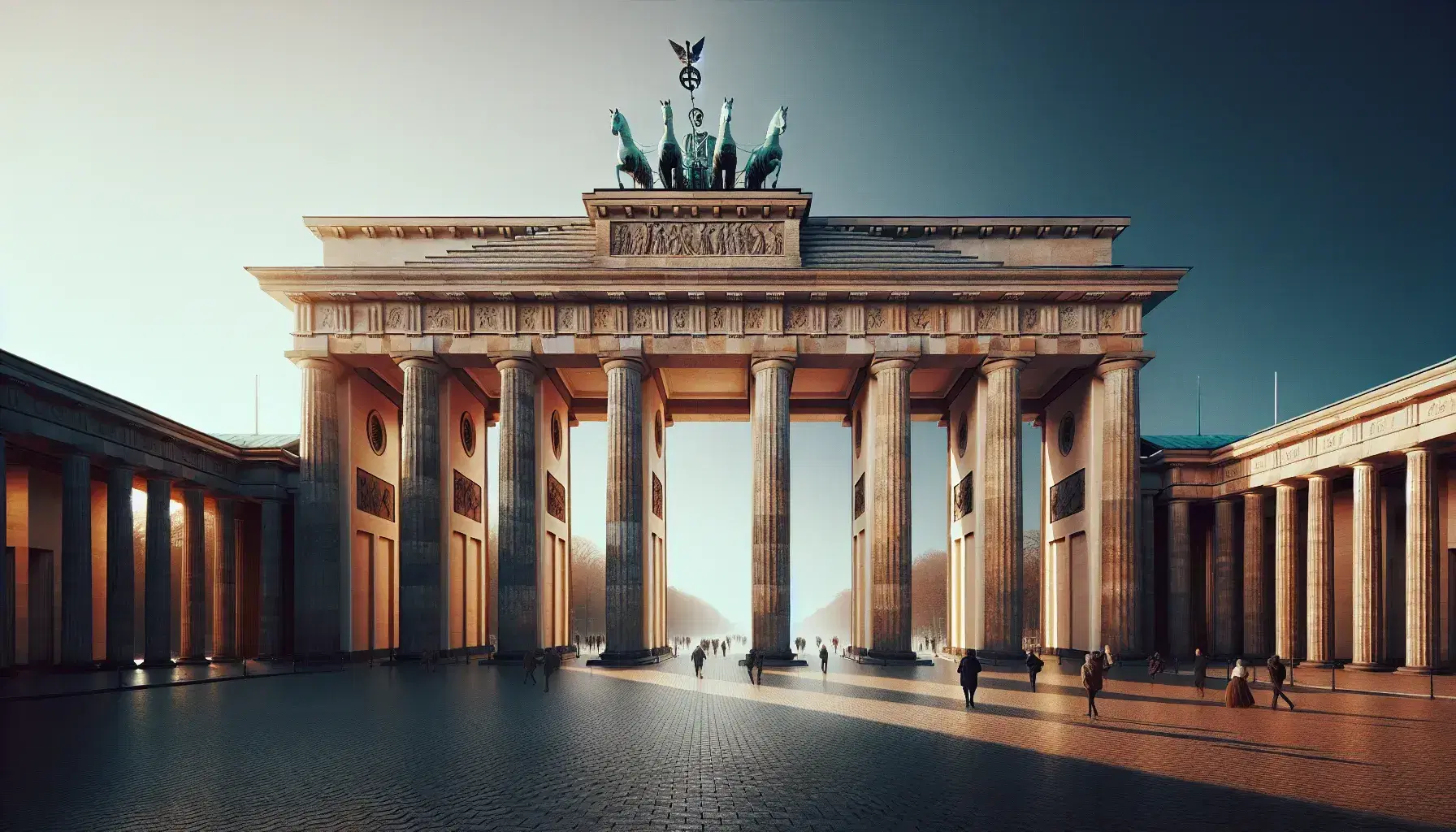 Brandenburg Gate in Berlin with its neoclassical sandstone columns and Quadriga under a clear blue sky, surrounded by visitors on a cobblestone plaza.