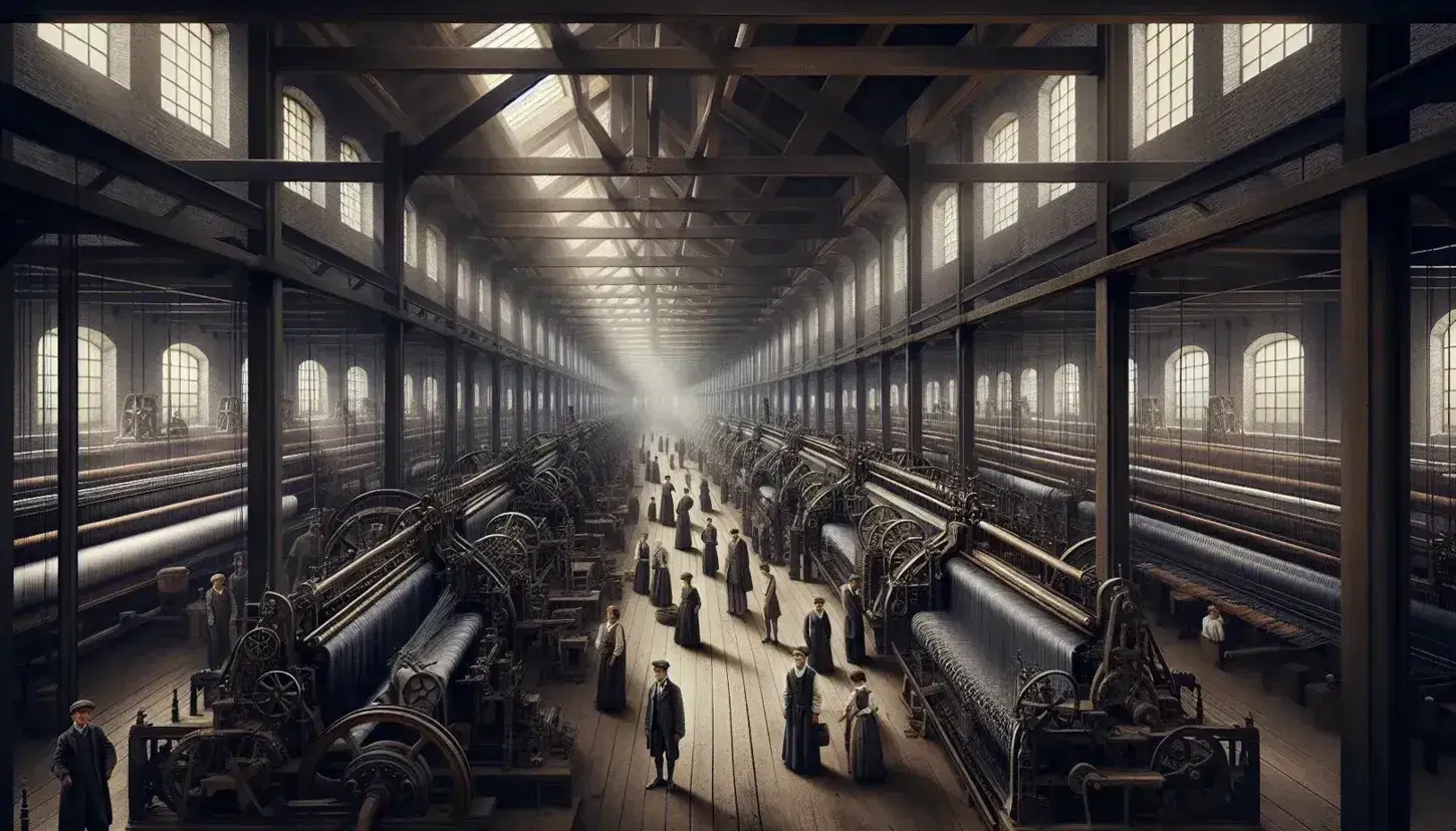 Telares de hierro en fila en una fábrica textil de la Revolución Industrial con trabajadores en ropa de época, iluminados por luz natural que entra por ventanas grandes.