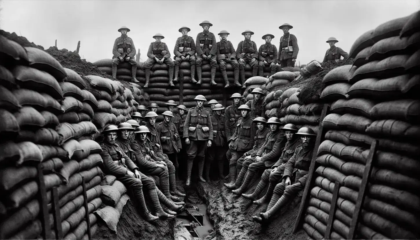 Soldati della Prima Guerra Mondiale in trincea, con uniformi e elmetti, tra sacchi di sabbia e terreno distrutto, sotto un cielo coperto.