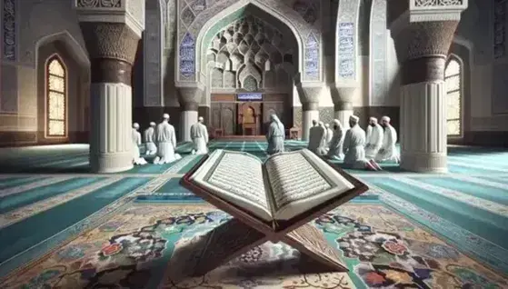 Interno di una moschea con Corano aperto su leggio intarsiato, fedeli in preghiera verso il mihrab decorato e colonne marmoree.