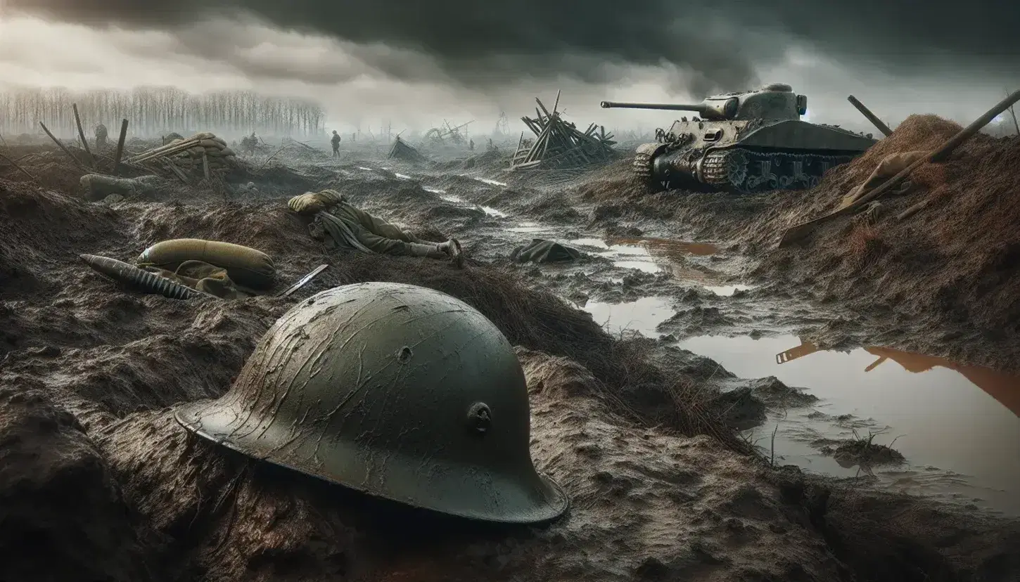 Elmetto militare abbandonato e danneggiato su terreno arido con resti di trincea, carro armato danneggiato e paesaggio di guerra desolato sotto cielo nuvoloso.