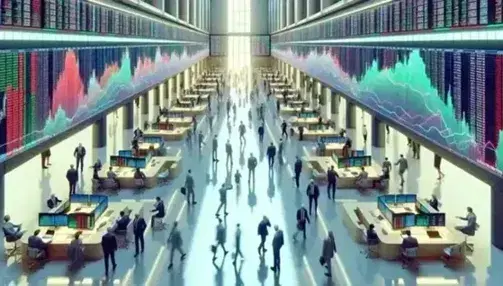 Scena dinamica di una borsa valori con persone in abiti formali, schermi con grafici e postazioni di lavoro illuminate naturalmente.