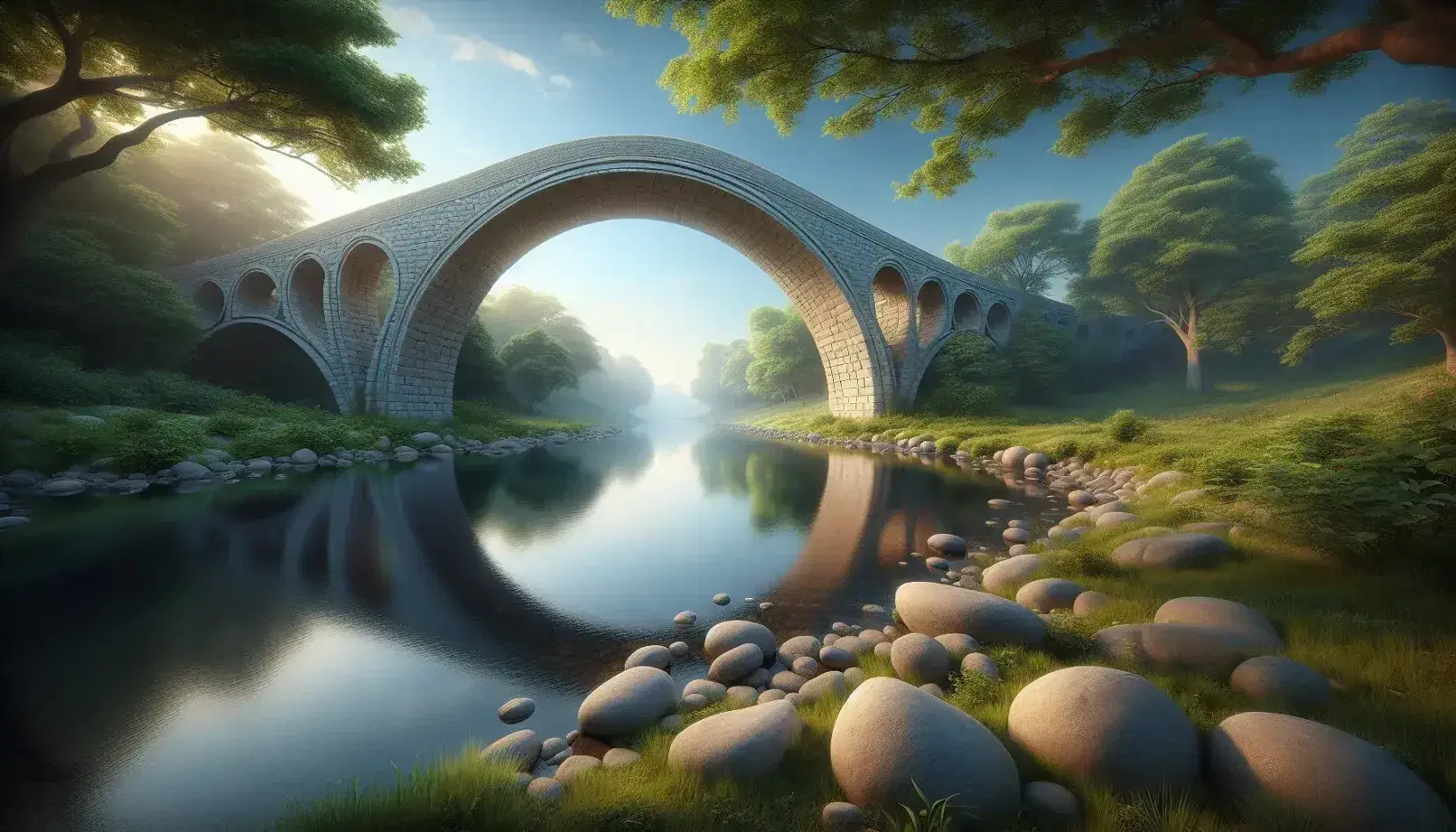 Serene landscape with a stone bridge over a calm river, reflecting a blue sky, surrounded by lush green trees with early autumn hues.