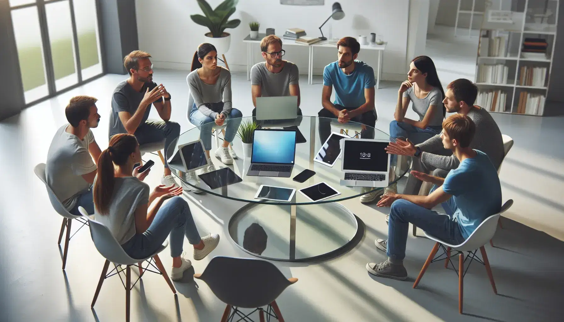 Gruppo eterogeneo in riunione seduto in cerchio su sedie moderne, con laptop, tablet e smartphone su tavolo in vetro, in ambiente luminoso.