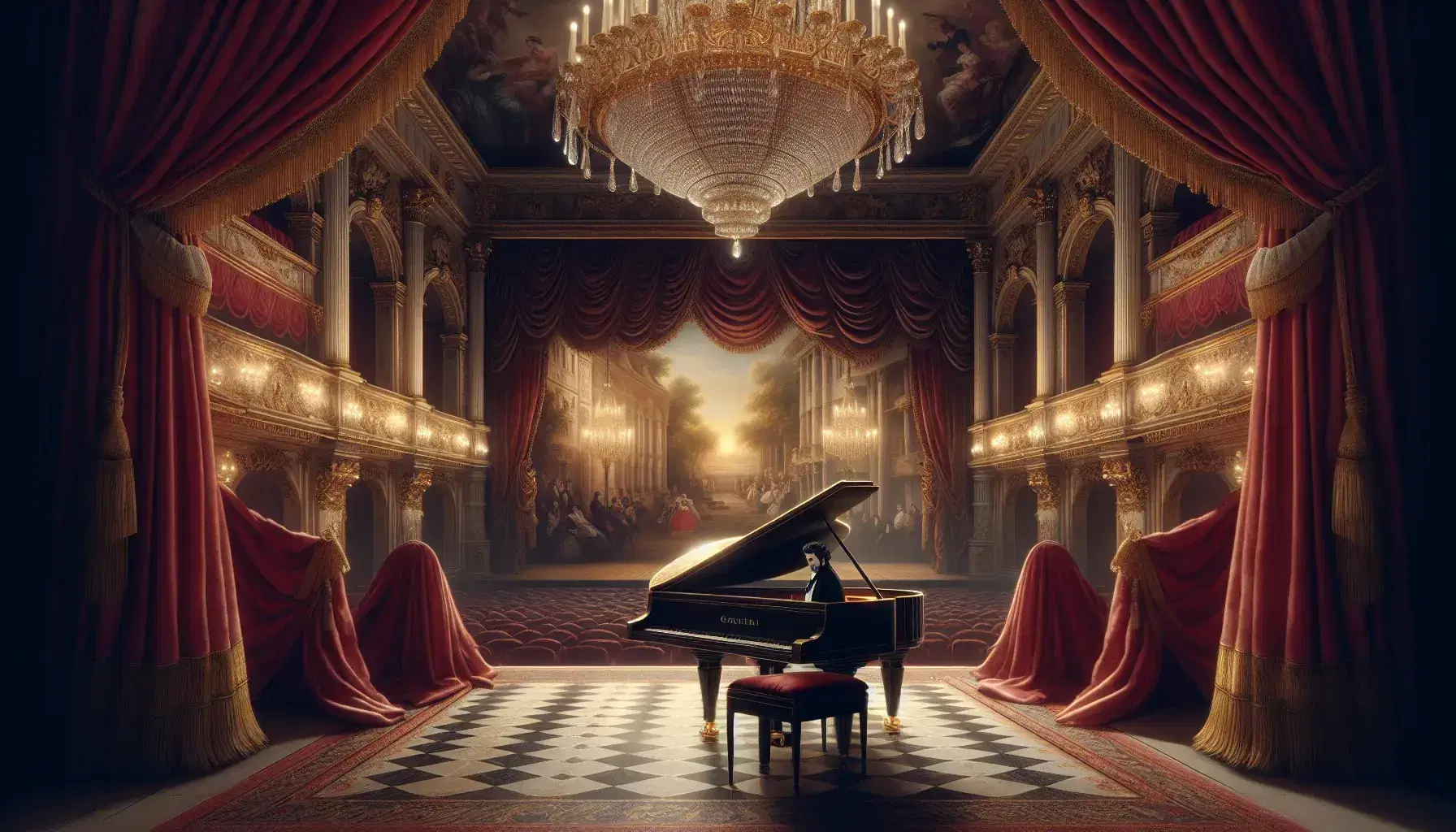 Scena di teatro d'opera in stile romantico con tende rosse, pianoforte a coda e figura maschile in abito d'epoca sotto luci calde.