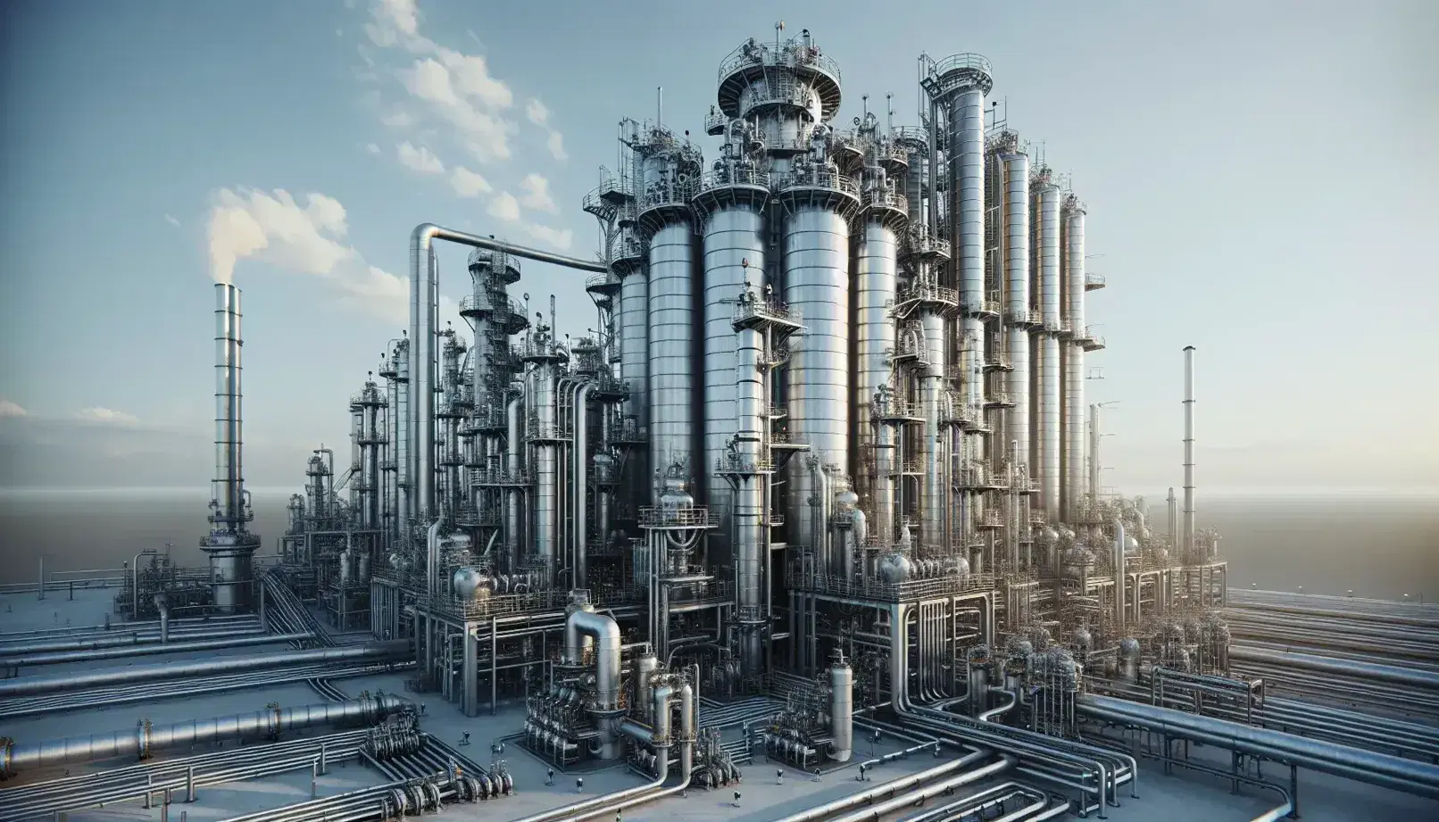 Industrial distillation column for crude oil, metallic cylindrical structure with pipes and valves, under blue sky without people.