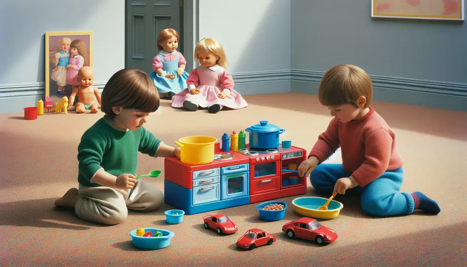 Tre bambini giocano con giocattoli educativi in una stanza luminosa mentre una donna sorveglia sorridente.