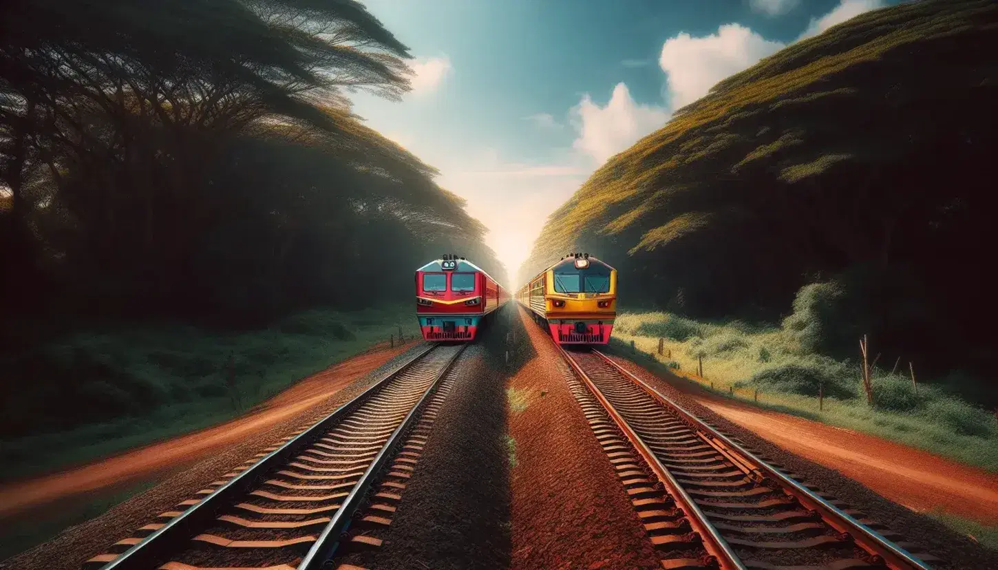 Two modern trains, one red and one yellow, speed along parallel tracks through a lush landscape under a clear blue sky with distant clouds.