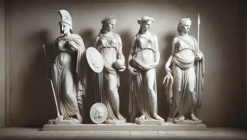 Cuatro estatuas de mármol blanco de mujeres en vestimenta griega antigua con atributos como casco, lanza, escudo, granada y antorcha.