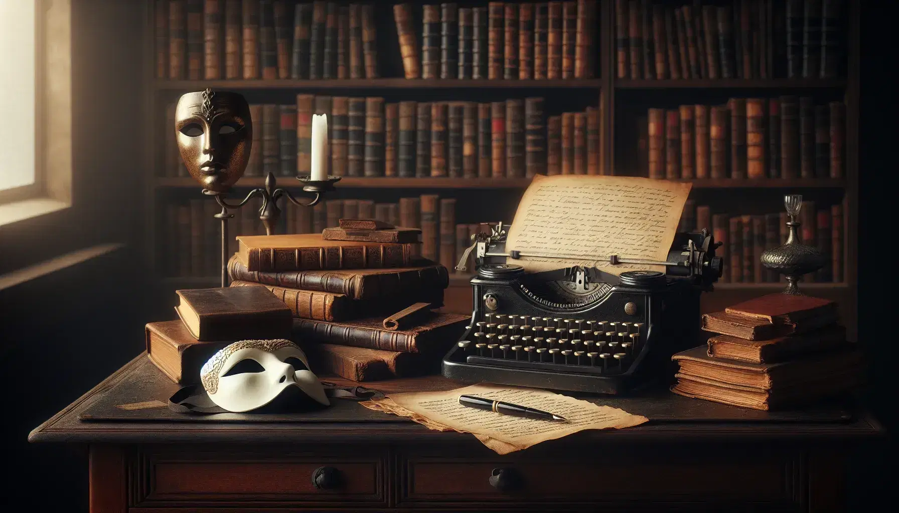Scrivania antica in legno scuro con macchina da scrivere vintage, penna stilografica, quaderno in pelle, maschera teatrale e libreria sfocata sullo sfondo.