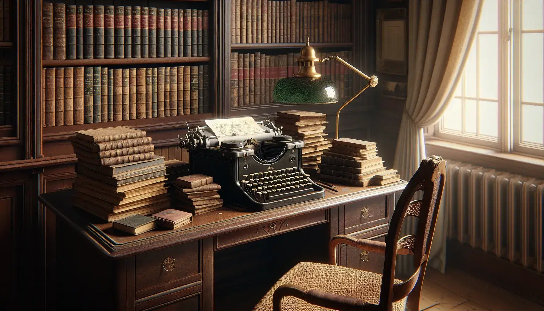 Vintage wooden desk with an old-fashioned typewriter, manuscripts, and a brass lamp, beside a bookshelf and a chair with a straw seat in a softly lit room.