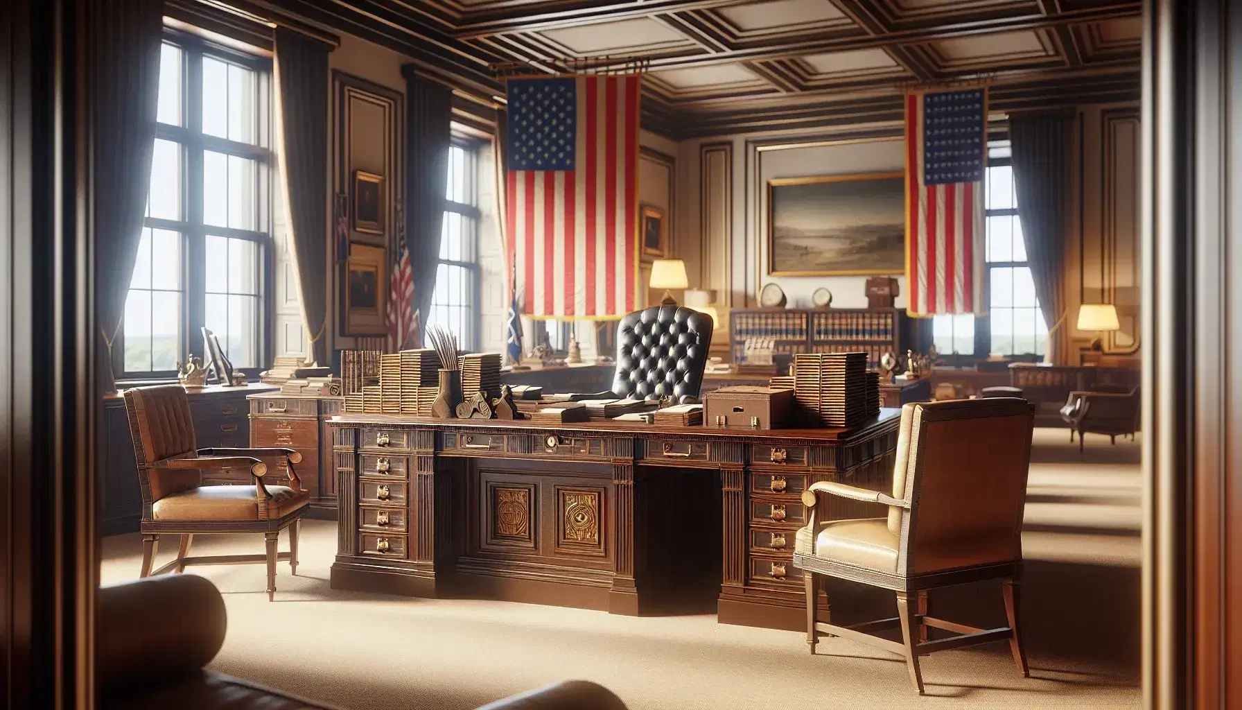 Elegant professional office with a polished wood desk, leather chair, two flags on a stand, cream guest chairs, and a large window with soft light.