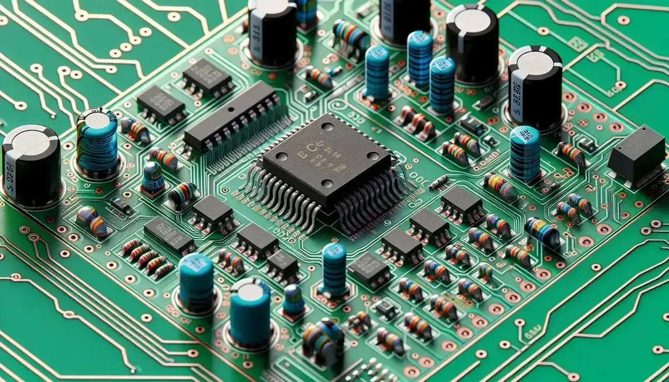 Close-up of a green electronic board with black integrated circuit, colored resistors, capacitors and copper traces.