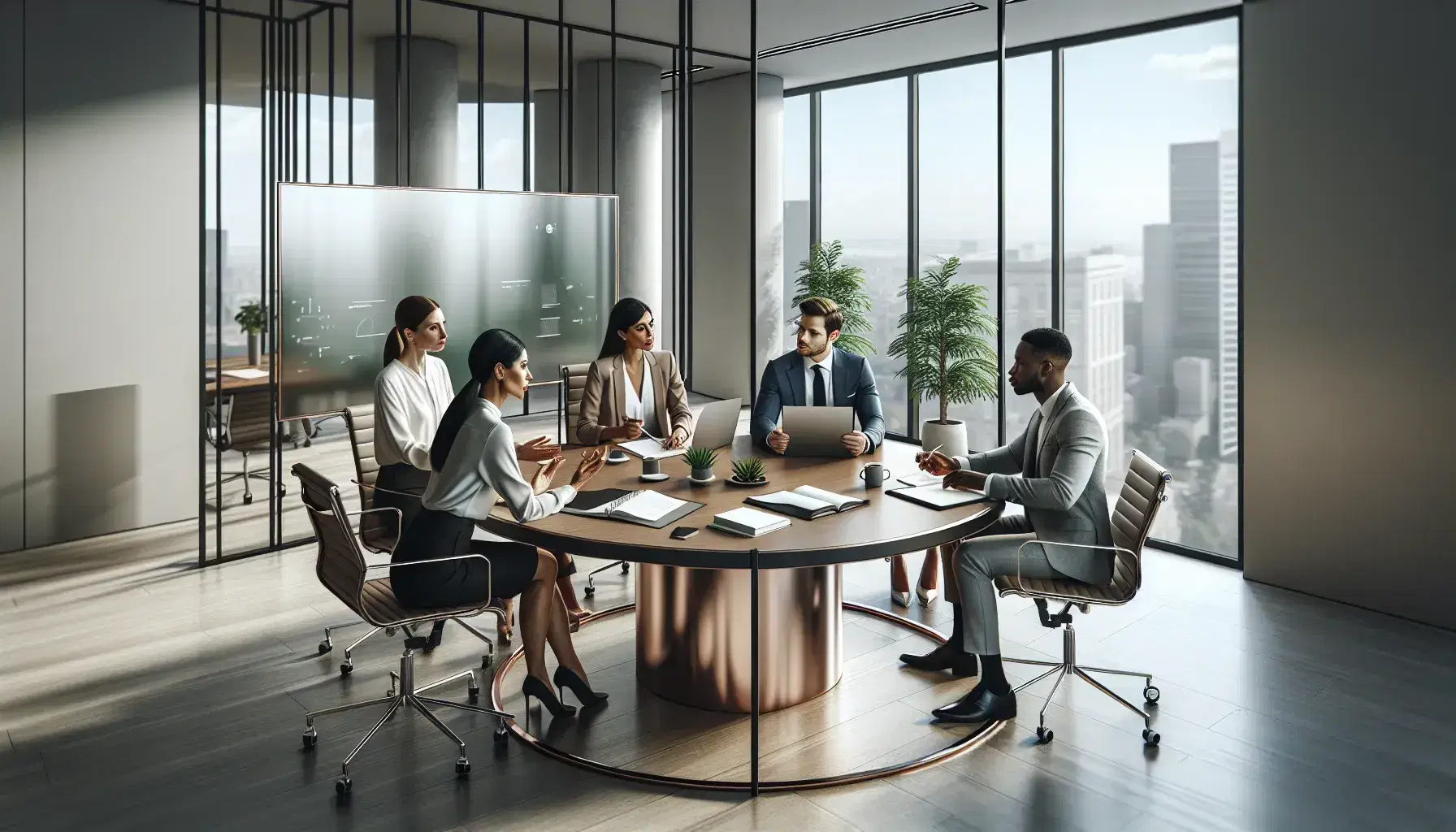 Diverse business team collaborates around a wooden table with a laptop, tablet, and papers in a bright, modern office with city views.