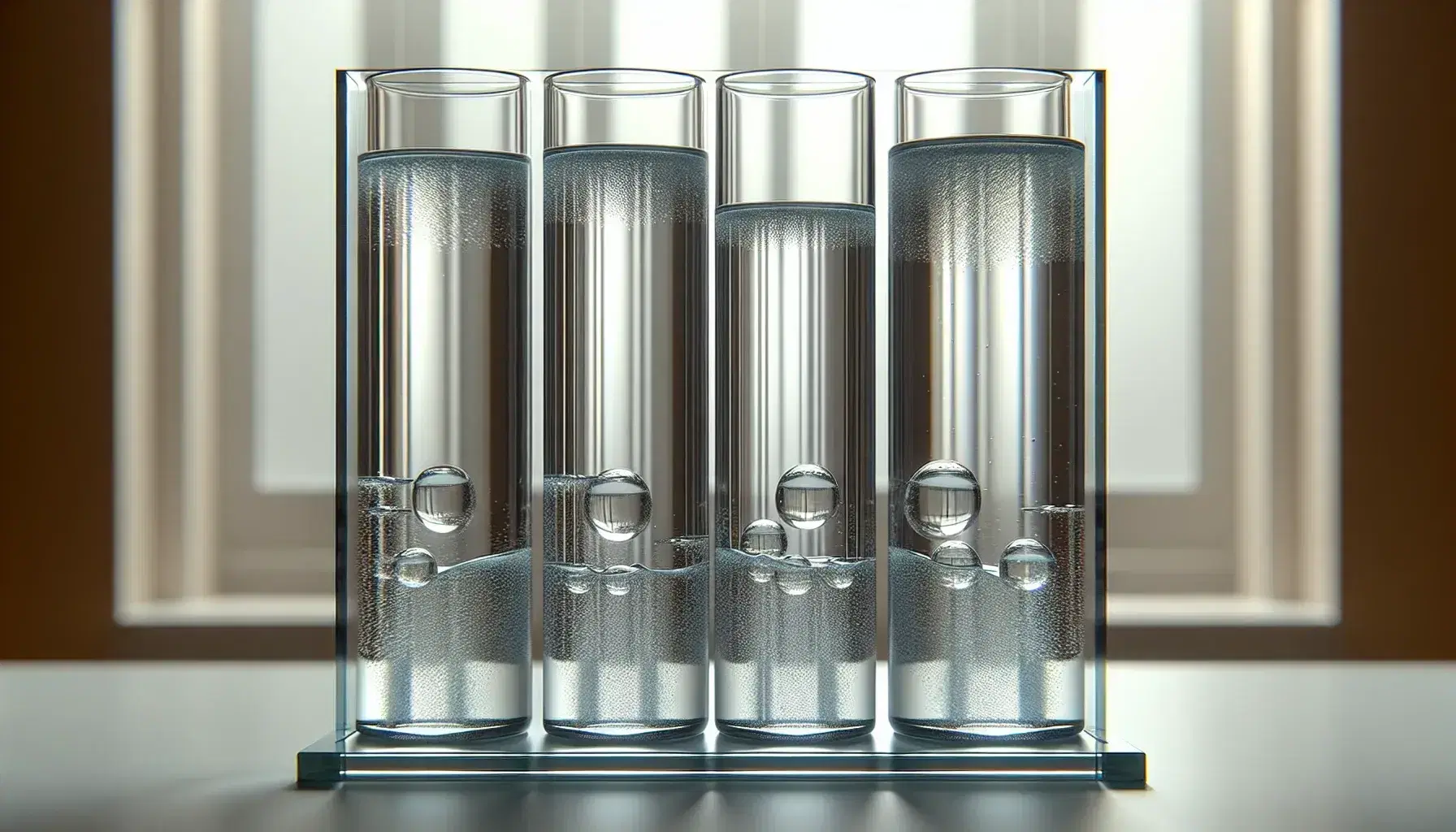 Tre tubi di vetro trasparenti dimostrano la capillarità in acqua, con altezze diverse a seconda del diametro, su sfondo sfocato di laboratorio.