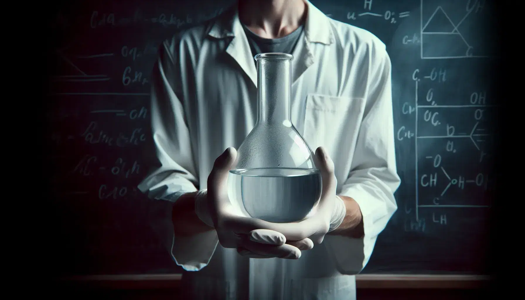 Close-up view of latex-gloved hands holding a clear glass flask with colorless liquid, against a blurred blackboard background in a lab setting.