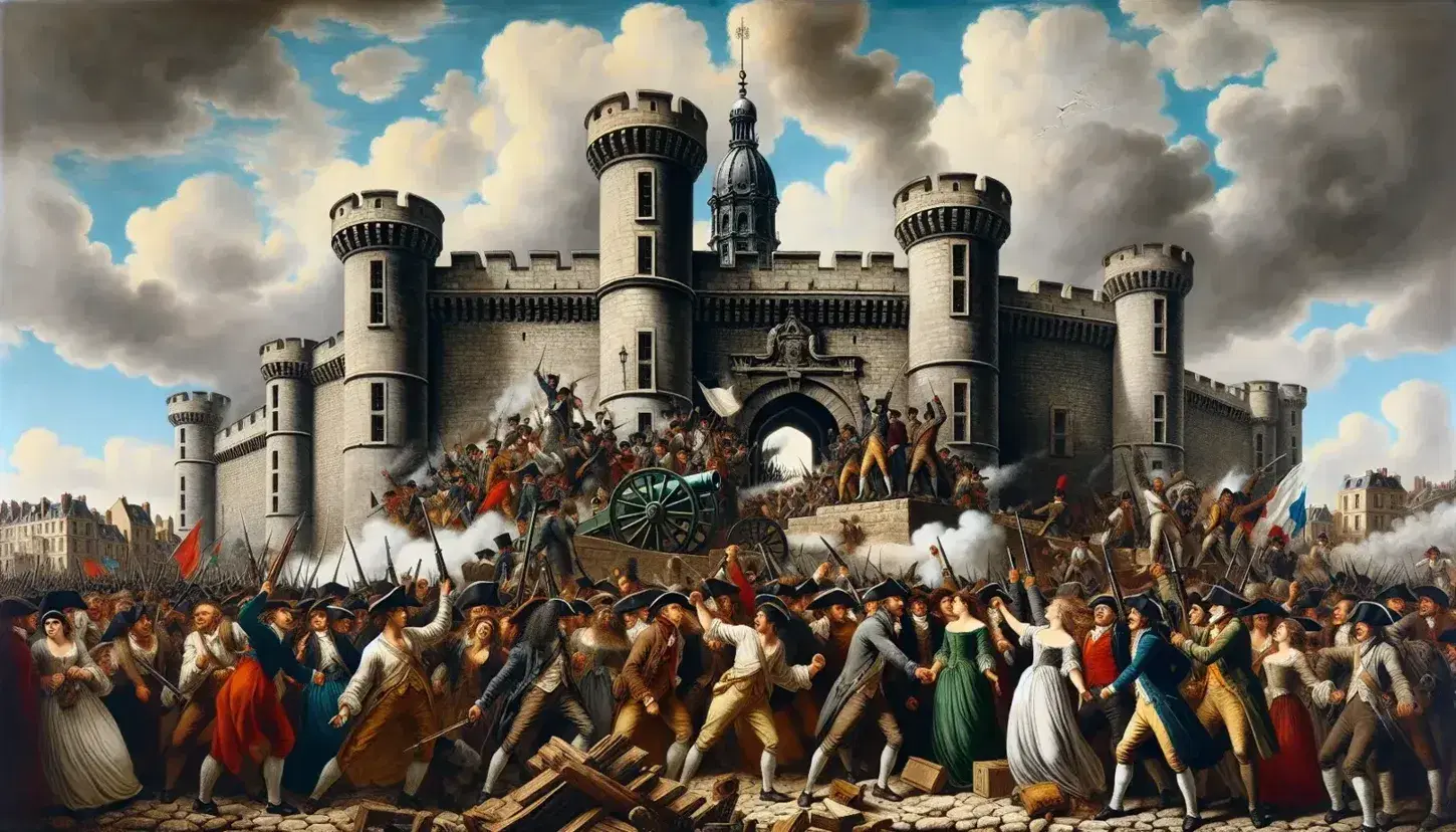 Assalto alla Bastiglia del 14 luglio 1789 con folla rivoluzionaria armata, cannone in primo piano e fortezza grigia sullo sfondo.