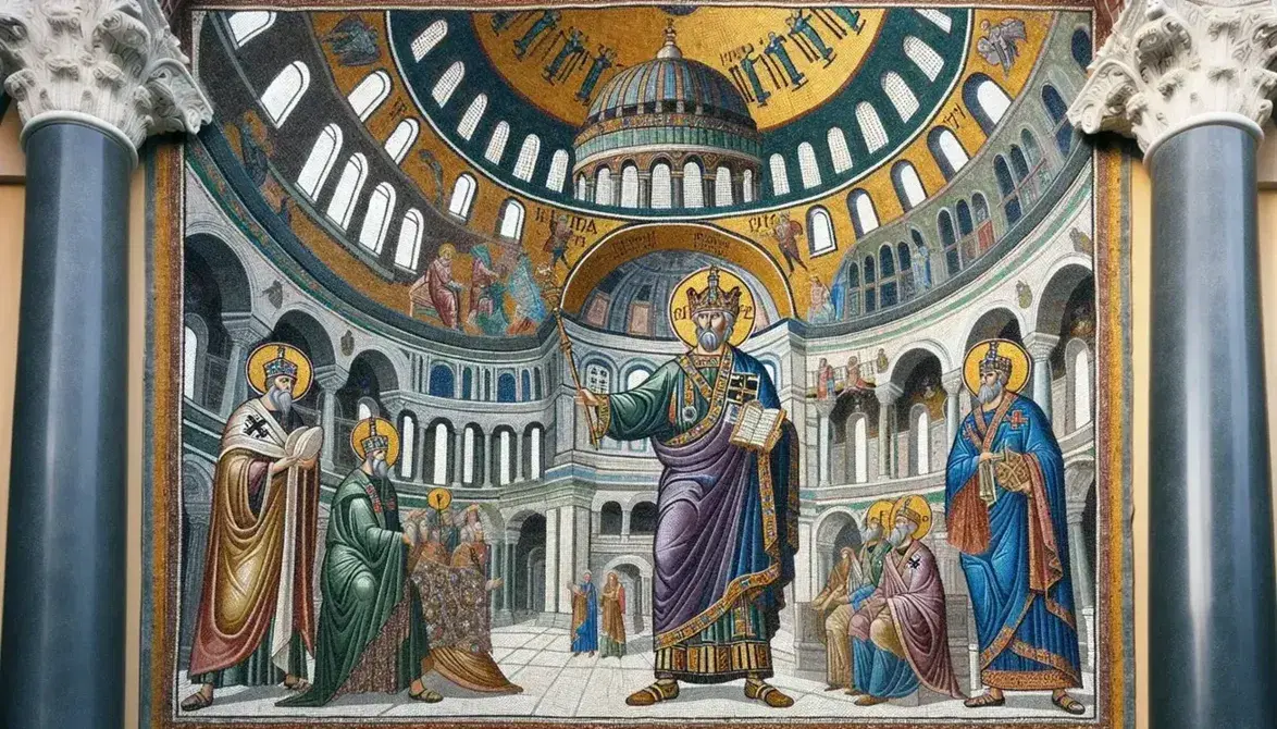 Byzantine mosaic with emperor in purple toga and bishop, church with dome and columns, made with colored tiles and golden border.