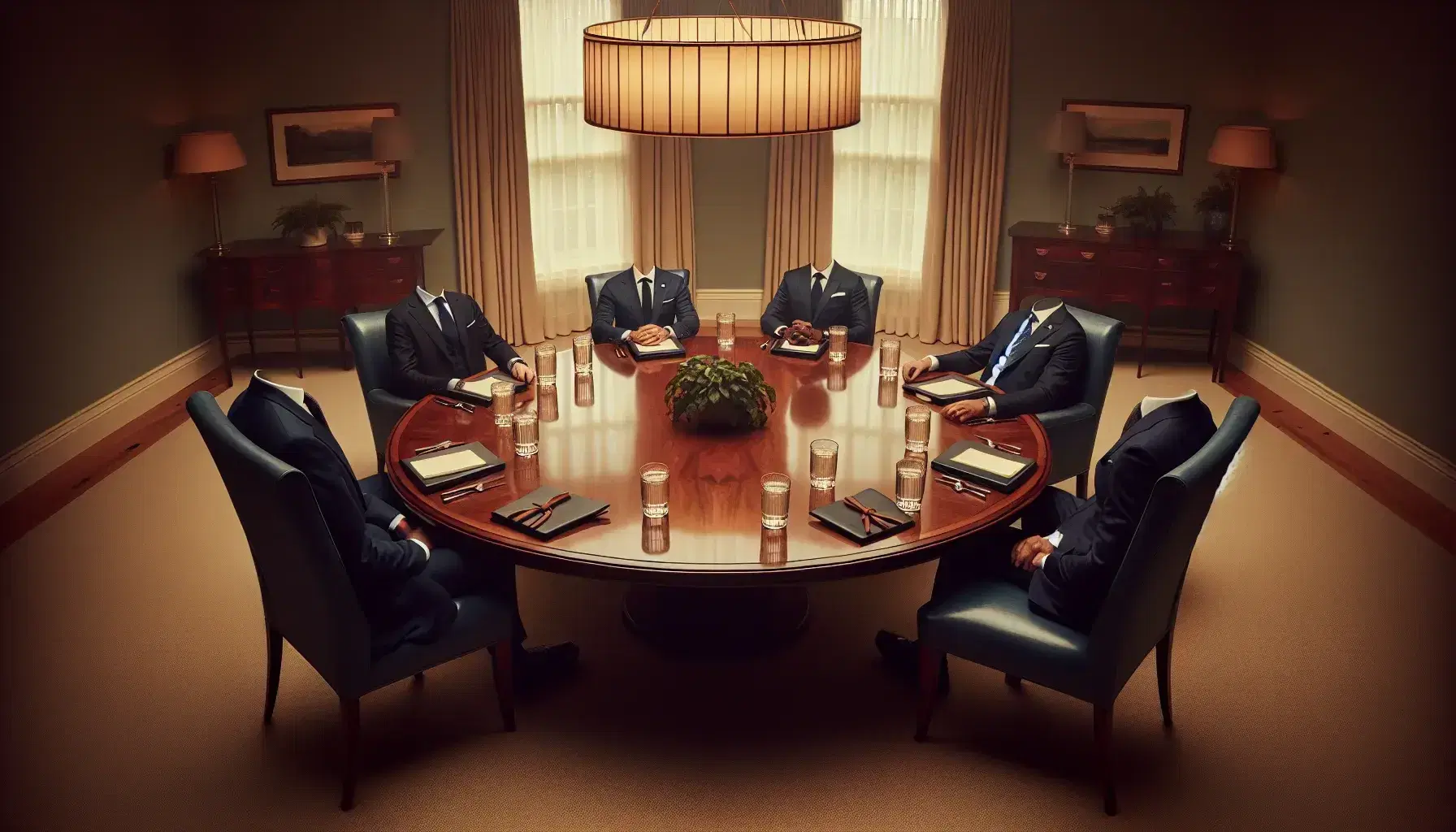 Elegant meeting room with cream walls, mahogany round table, deep blue upholstered chairs, formal attire-clad figures, and warm chandelier lighting.
