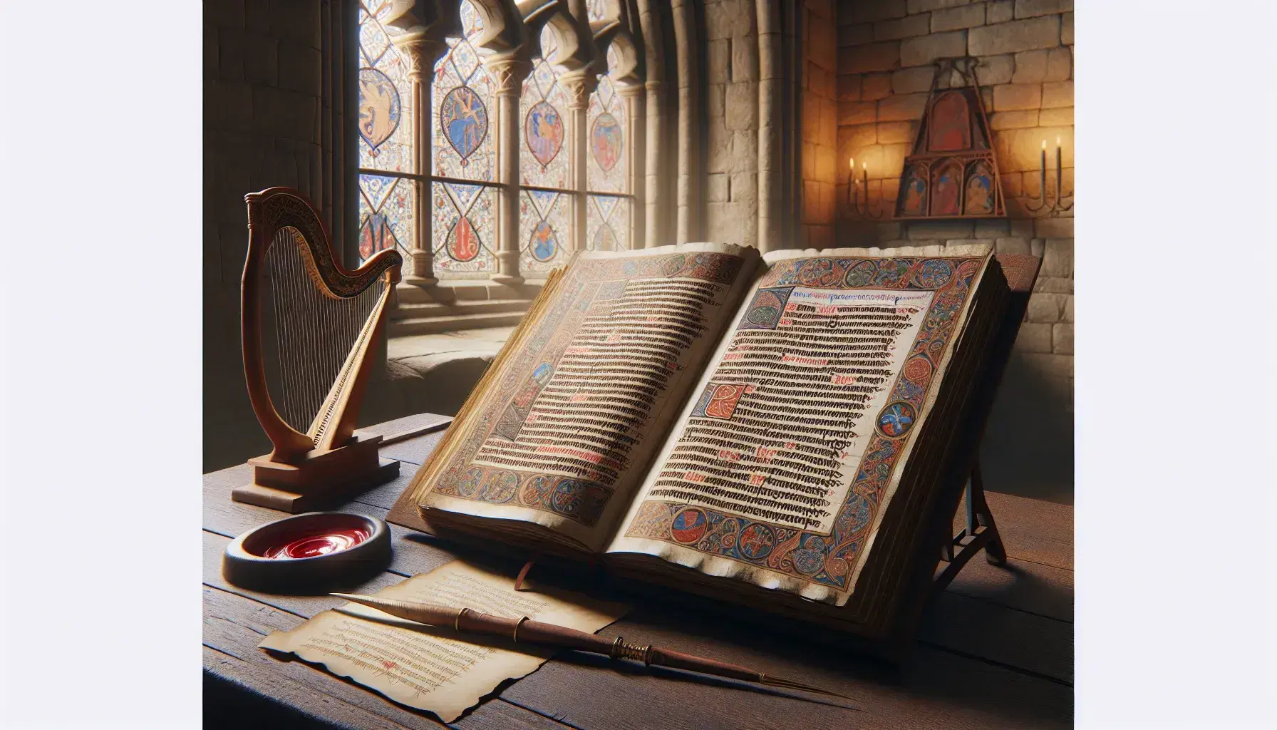 Manoscritto medievale su leggio in legno con miniature colorate, calamaio e sigillo di cera su tavolo antico, lyra sullo sfondo.