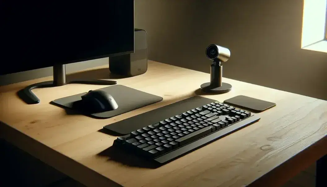 Tastiera nera minimalista, mouse ergonomico e touchpad metallico su scrivania in legno chiaro con webcam cilindrica nera.