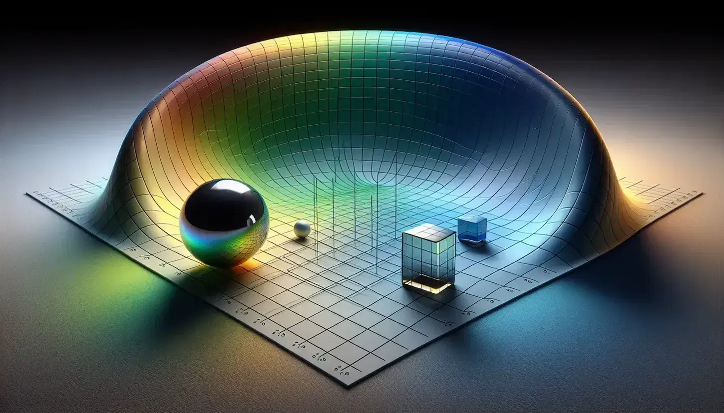 Three-dimensional graph with a gradient surface from blue to yellow, featuring a reflective metallic sphere, transparent glass cube, and textured wooden cone on a translucent grid.