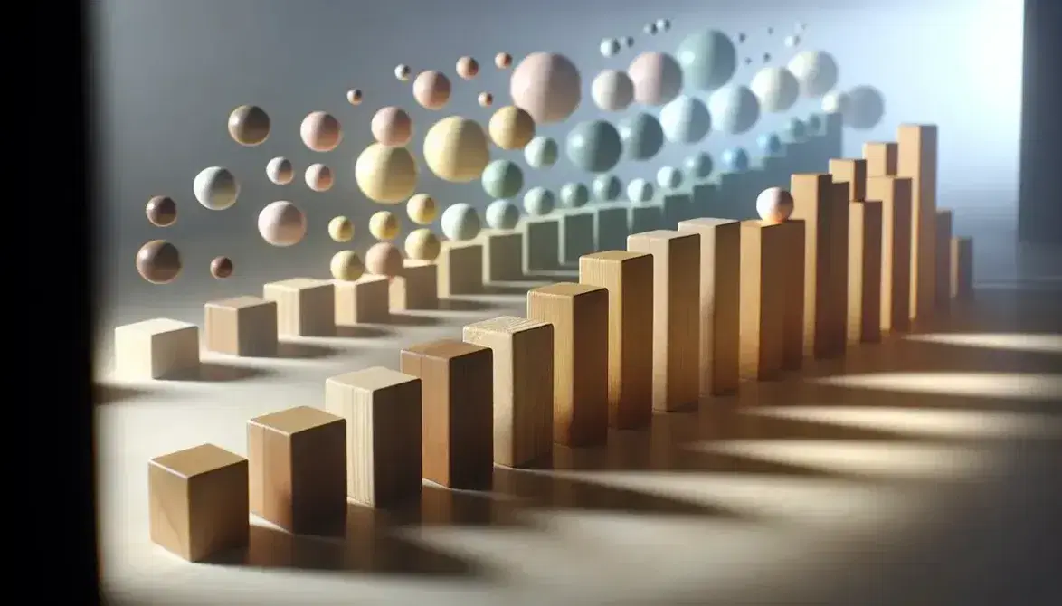 Bloques de madera en gradiente de altura sobre superficie lisa con esferas de colores suaves desenfocadas en el fondo, iluminación suave y sombras leves.